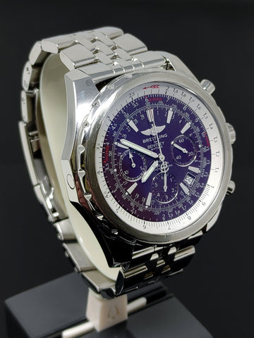 Breitling for Bentley Motors Steel Automatic Men's Watch A25363 featuring a rare purple dial and a distinctive three cars motif engraved on the back casing, in pristine condition with a stainless steel bracelet