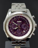 Breitling for Bentley Motors Steel Automatic Men's Watch A25363 featuring a rare purple dial and a distinctive three cars motif engraved on the back casing, in pristine condition with a stainless steel bracelet