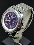 Breitling for Bentley Motors Steel Automatic Men's Watch A25363 featuring a rare purple dial and a distinctive three cars motif engraved on the back casing, in pristine condition with a stainless steel bracelet