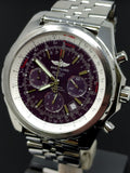Breitling for Bentley Motors Steel Automatic Men's Watch A25363 featuring a rare purple dial and a distinctive three cars motif engraved on the back casing, in pristine condition with a stainless steel bracelet