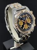Breitling Chronomat 41 CB0140 adorned with 8.90 ct diamonds, showcasing its two-tone rose gold and stainless steel bracelet, luminous black dial, and detailed craftsmanship.