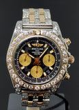 Breitling Chronomat 41 CB0140 adorned with 8.90 ct diamonds, showcasing its two-tone rose gold and stainless steel bracelet, luminous black dial, and detailed craftsmanship.