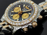 Breitling Chronomat 41 CB0140 adorned with 8.90 ct diamonds, showcasing its two-tone rose gold and stainless steel bracelet, luminous black dial, and detailed craftsmanship.