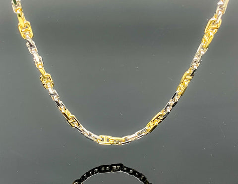 Two Tone Micro Mariner & Cubed Oval Link Necklace (28"/52.5gr/10kt)