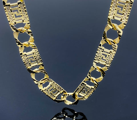 Diamond Cut Nugget Pressed Greek Figaro Link Necklace (26"/62.3gr/10kt)